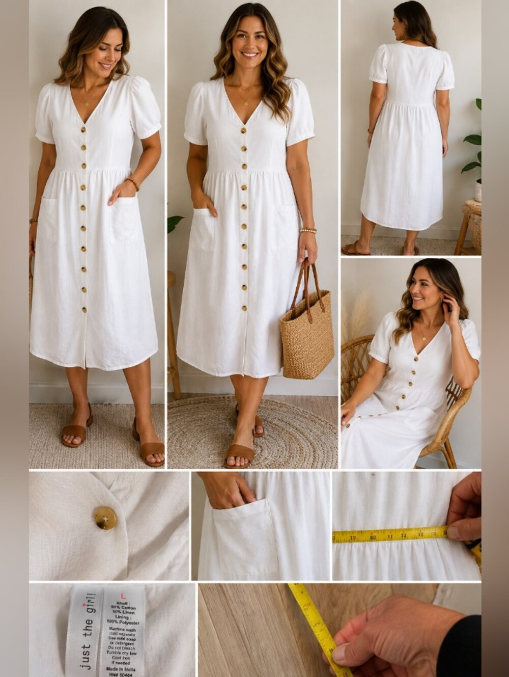 just the girl summer white cotton linen blend button front midi dress pockets l